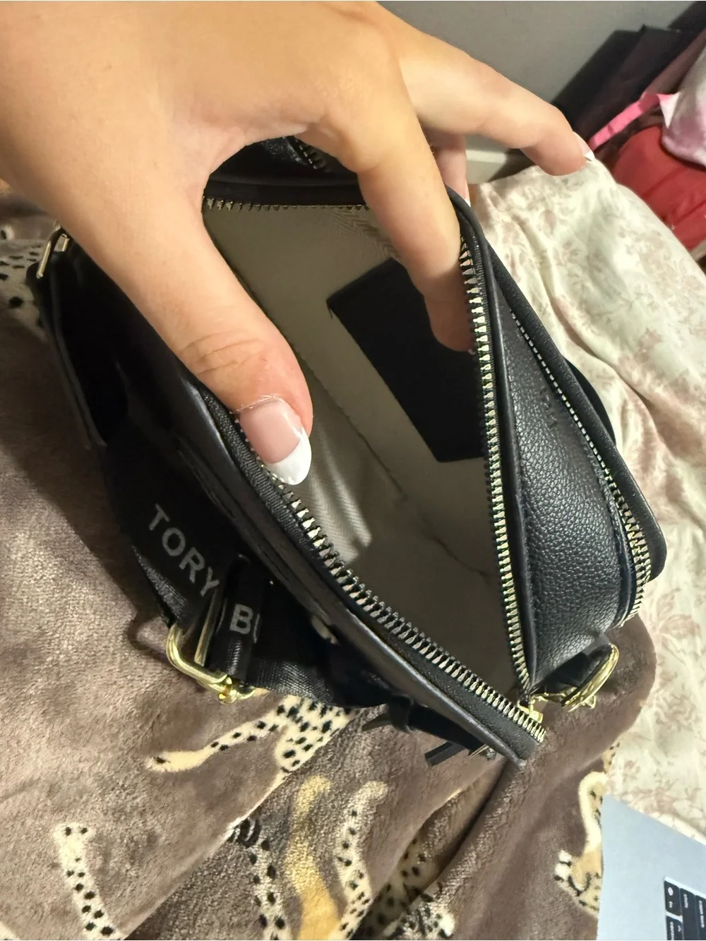 Tory Burch Black Pebbled Leather Camera Crossbody with Logo